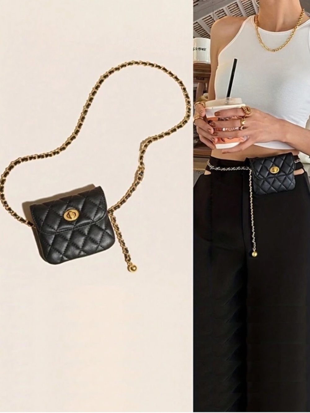 Black Quilted Mini Belt Bag with Gold Chain